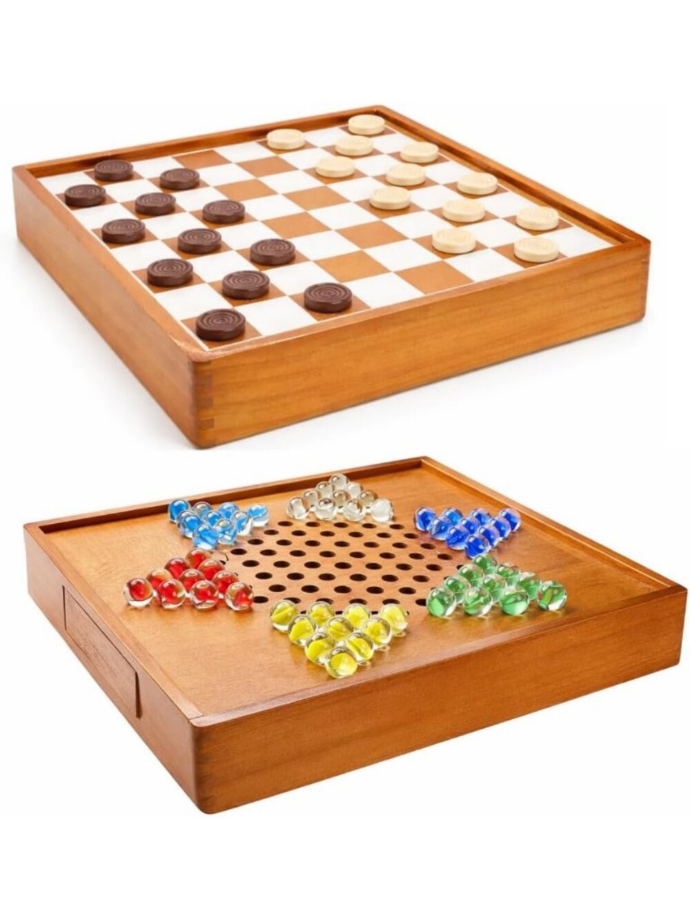 Deluxe 2-in-1 Wooden Chinese Checkers & Checkers Game Set with Storage Drawer